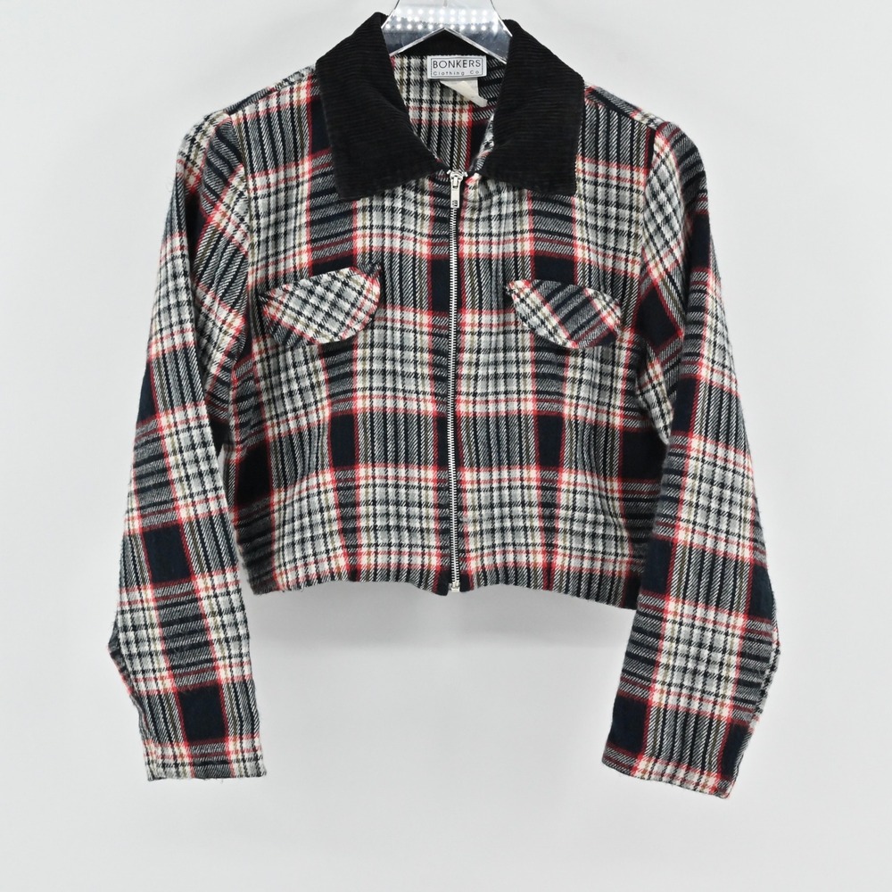 Vtg Y2k BONKERS Wool Blend‎ Plaid Cropped Jacket Size M Corduroy Preppy Grunge